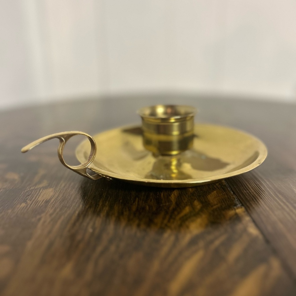 Elegant Vintage Gold Brass Chamber Stick Candle Holder with Patina